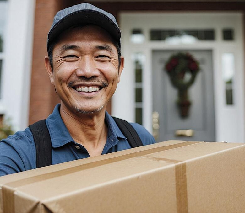 Cheerful Asian delivery man with a package, standing in front of