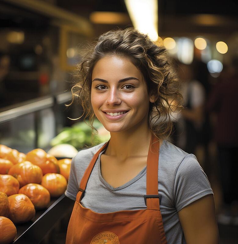 Smiling young woman in an apron standing at a market stall fille