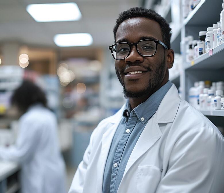 Male pharmacist is smiling at the camera with a pharmacy shelf in the background, and a colleague is slightly out of focus behind him.