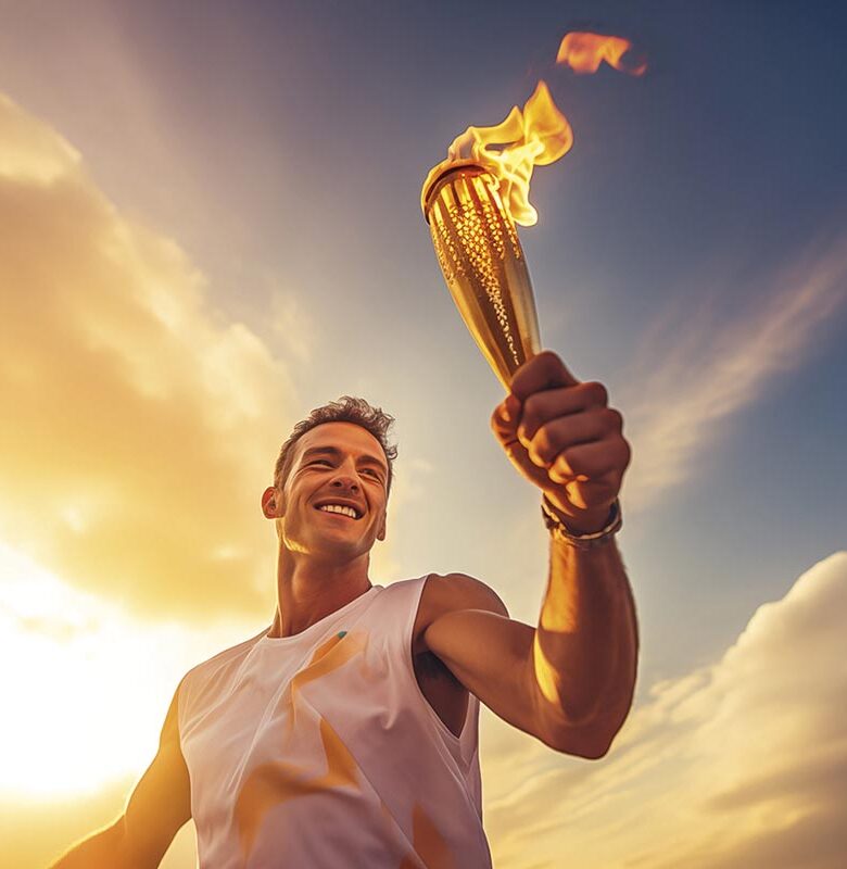 A happy smiling male athlete solemnly carries the Olympic flame