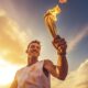 A happy smiling male athlete solemnly carries the Olympic flame