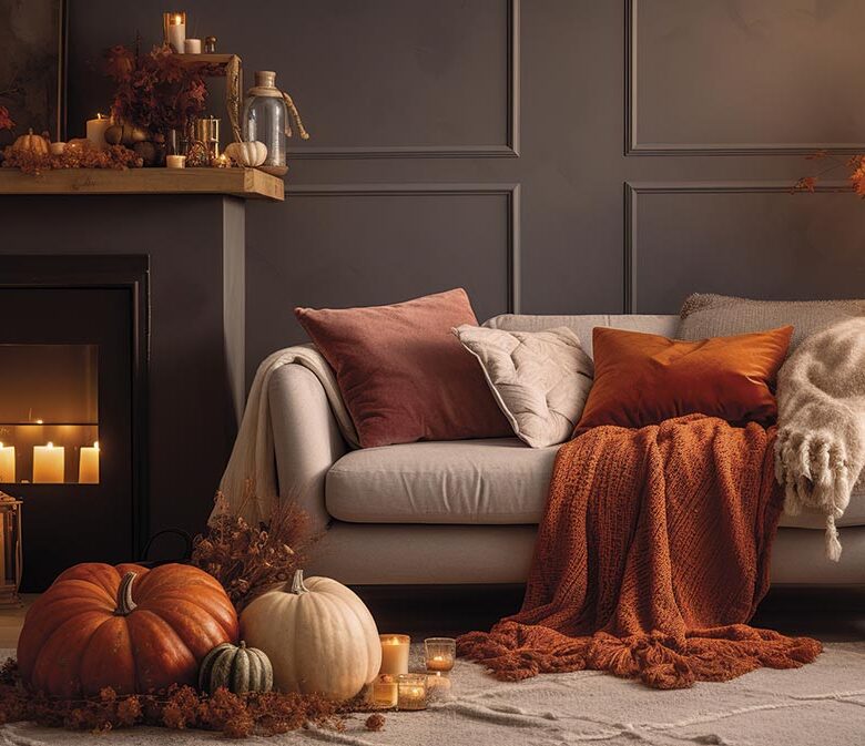 a cozy fall palette living room interior with a fireplace, sofa