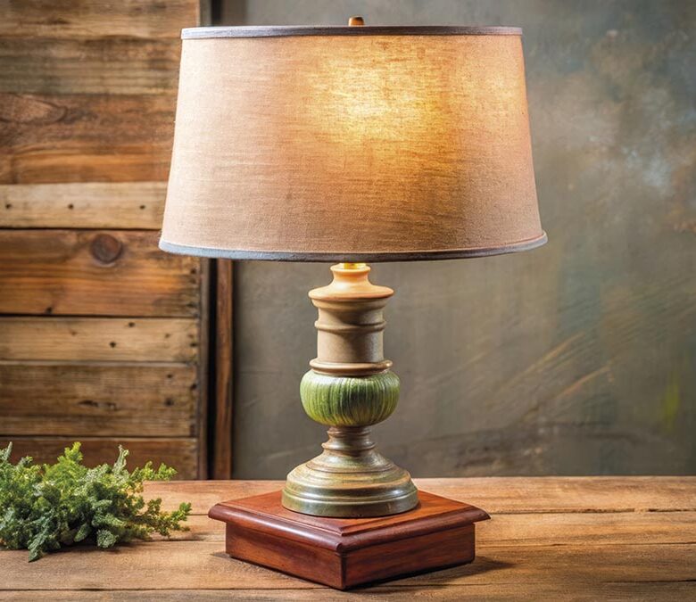 Rustic rose vintage lamp with wooden base, soft warm glow, retro