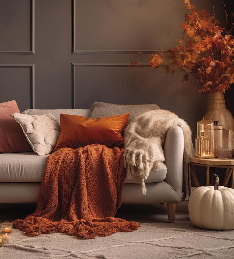 a cozy fall palette living room interior with a fireplace, sofa