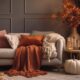 a cozy fall palette living room interior with a fireplace, sofa