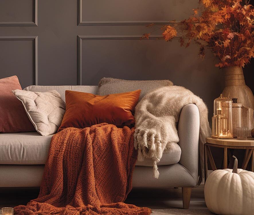 a cozy fall palette living room interior with a fireplace, sofa