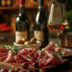 Elegant italian charcuterie board with prosciutto and wine amids