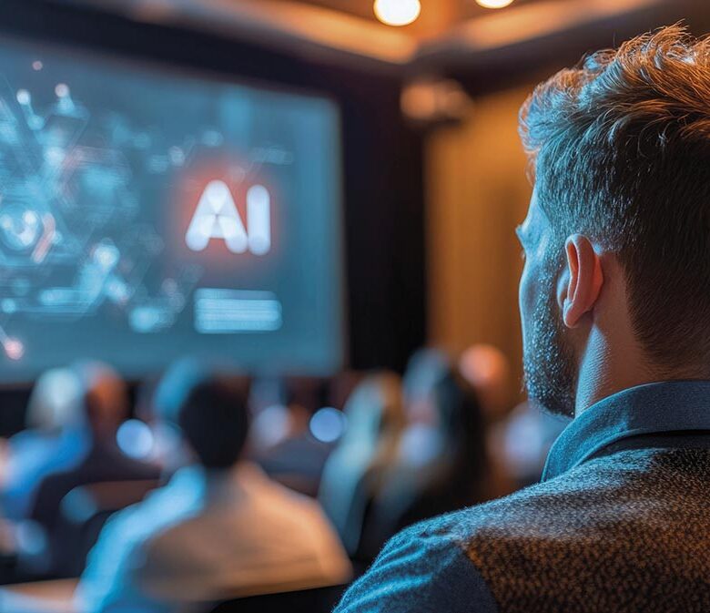 Man Watching AI Presentation in a Conference Room